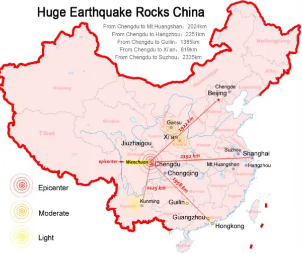 Figure 1.1 the Epicenter and Spread Range of the Wenchuan Earthquake