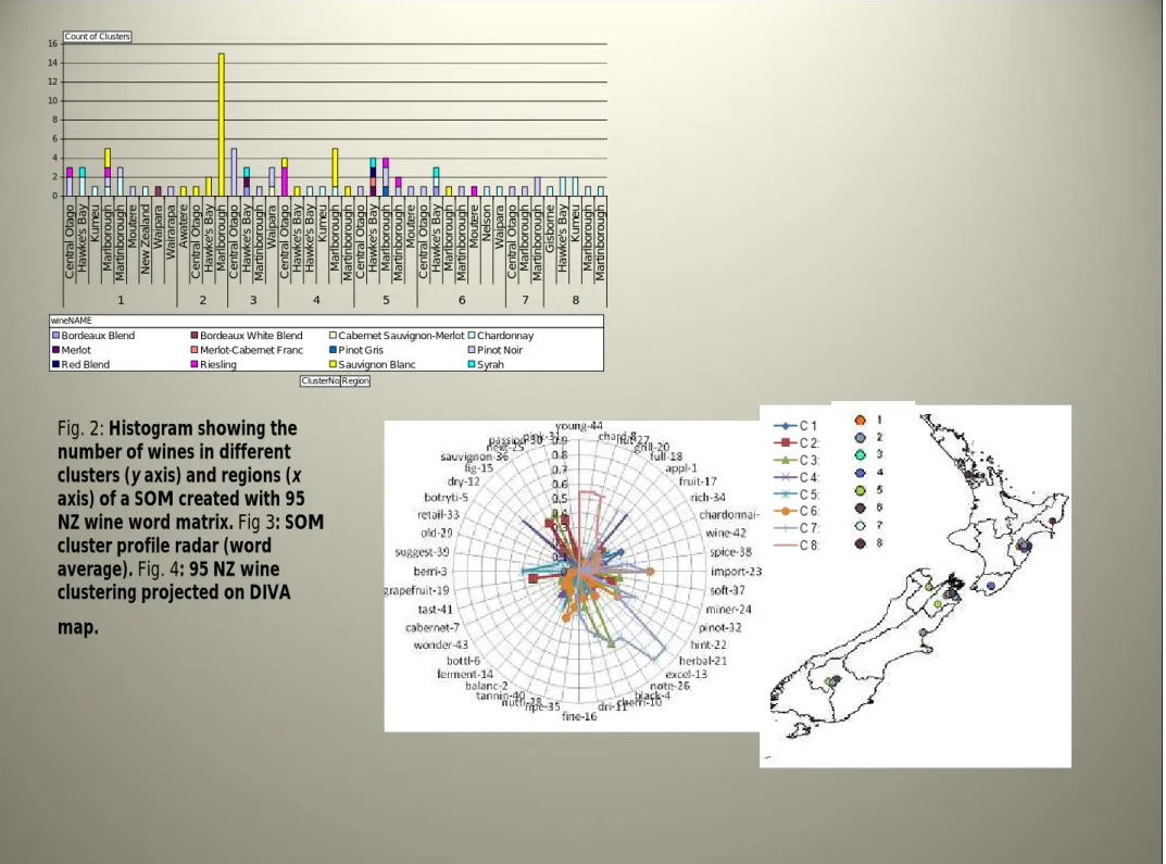 Fig. 2: Histogram showing the  number of wines in different  clusters (y axis) and regions (x axis) of a SOM created with 95  NZ wine word matrix