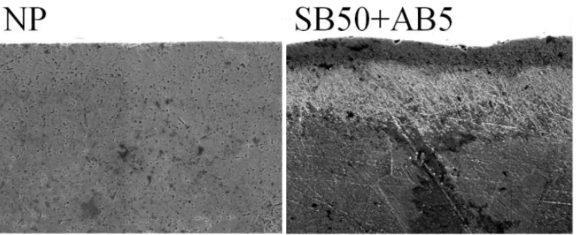 図 4-12  2 段ピーニング処理された断面の SEM 像  024681012 0 0.05 0.1 0.15 0.2 0.25 0.3 0.35Layer 1Layer 2Layer 3Indentation load, mN Penetration depth, m  図 4-13 最表面（Layer1） 、中間層（Layer2）および下地部分（Layer3）の微小硬 さ試験での荷重―変位曲線 