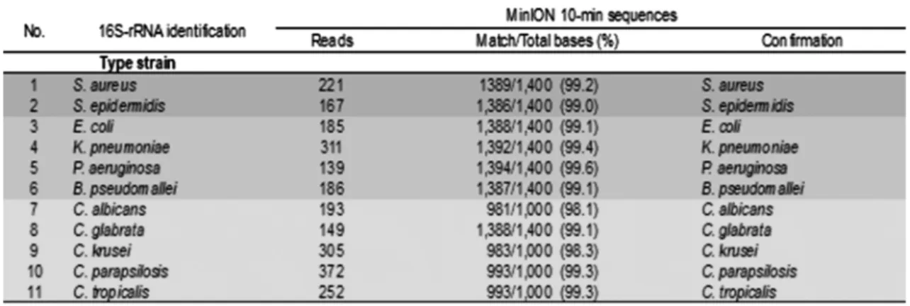 Table 1. MinION シーケンスによる菌種同定