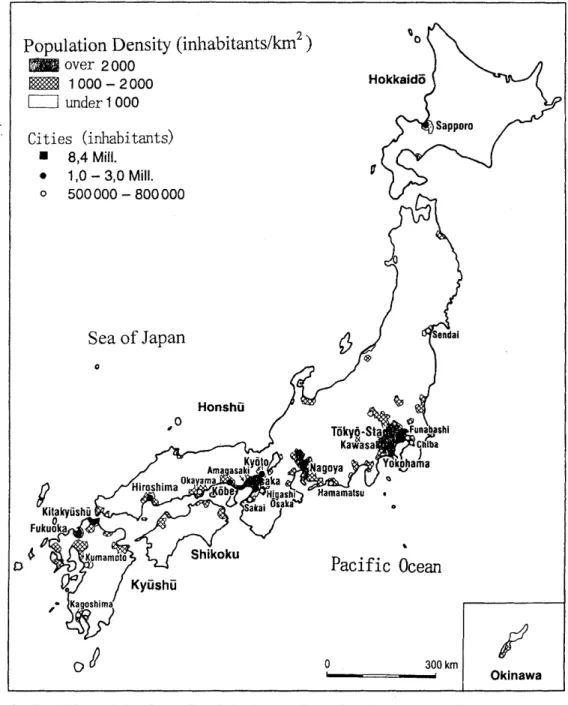 Fig. 1 Population  density  of  Japan  (from  Fliichter  1994) 