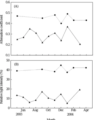 Fig. 2 Monthly changes in attenuation coefficient (A)  and relative light intensity at lower depth limit of Zostera marina (B) at Nejirimatsu (closed circle) and Nagae (closed triangle) from May 2003 to April 2004