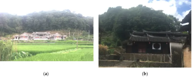 Figure 6. Fengshui forests around ancestral halls in (a) Zhongxian Village on the left and (b) Guifeng  Village on the right