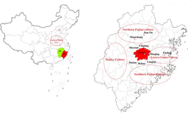 Figure 1. Distribution of the seven villages. Note: △,  ○,  ◇,  □,  ☆, ¤ and ◎  represent Guifeng,  Zhongxian, Houping, Gaoshan, Kengtou, Dongshang, and Lingtou villages, respectively; ‘FJ’  represents Fujian Province, and ‘JX’ represents Jiangxi Province