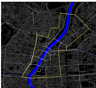 図 2 シミュレーションの対象地区：渋谷駅を中心とした 3km × 2.5km 四方の領域 ルを用いて計算に長時間を費やしても，かけた時間に比例して予測の正確性が向上するわけ ではない．また， 1 試行が終了するまでに長時間がかかる場合には，シミュレーションの結 果に基づいて施策の細部を修正するという対話的な調整を実施することが難しくなる．シ ミュレータが対象としている社会現象をある程度正確に再現可能だったとしても，ユーザが 検証する条件に対する結果を出力するまでに想定を大幅に超えた時間がかかる場合，ツール