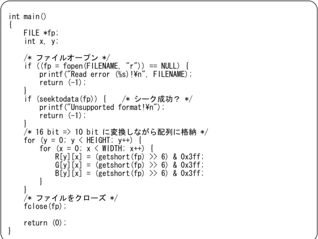 図  A-2    RGB 10 bit  データ読み込み用サンプルプログラム（Lib TIFF 非使用）