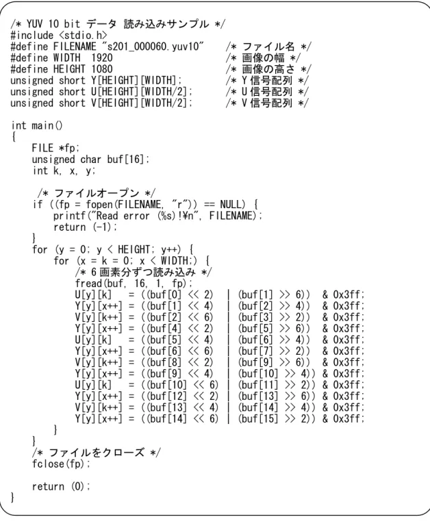 図  A-3    YUV 10 bit  データ読み込み用サンプルプログラム 