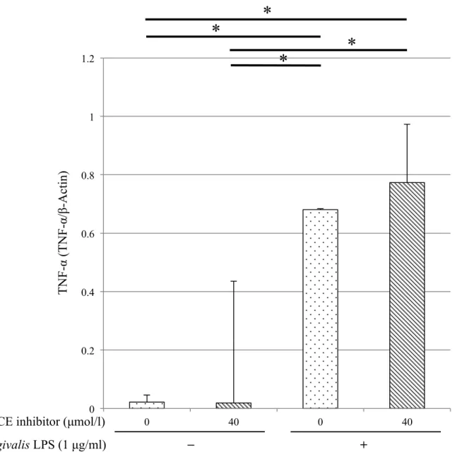 図 8   TACE inhibitorとP. gingivalis LPS刺激におけるTHP-1細胞のTNF-α遺伝子発現変 化 