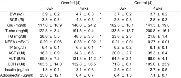 Table 6  Comparison of plasma metabolite concentrations and hepatic enzyme activities in control and overfed cats
