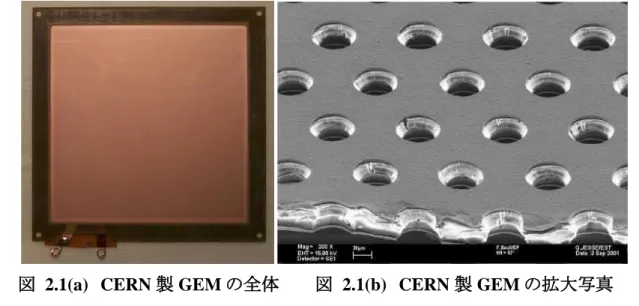 図  2.1(a)  CERN 製 GEM の全体        図  2.1(b)  CERN 製 GEM の拡大写真  CERN 製の GEM はパターン部の大きさが 10cm×10cm の大きさがある。 孔の配列は正三角形配列になっている。  GEM の加工方法もいくつかあり、精度、効率のよい加工方法が試されている。現在の GEM の加 工方法には主に以下の３つある。    ウェットエッチング    プラズマエッチング    レーザーエッチング  いくつか方法があるのは如何に孔をきれいな円筒形に