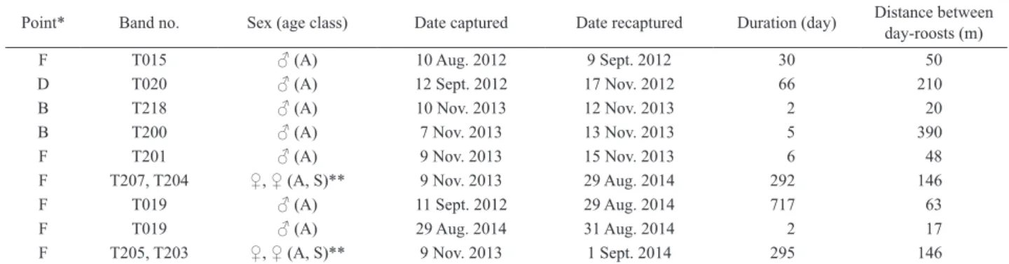 Fig. 9.  Locations of the day-roost sites and movements of the radio- radio-tagged Murina ryukyuana on Tokunoshima Island from August 27 to  September 2, 2014