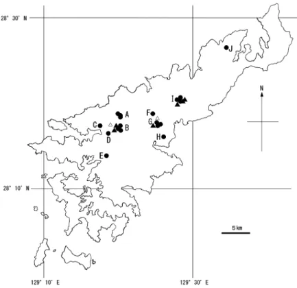 Fig. 10.  Locations of the study areas (A–J) on Amami-Oshima Island, and the distributions of Murina ryukyuana (●) and Myotis yanbarensis (▲).