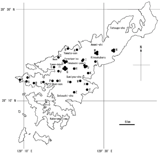 Fig. 4.  Locations of the study areas (A–Z) on Amami-Oshima Island. △, mountain.