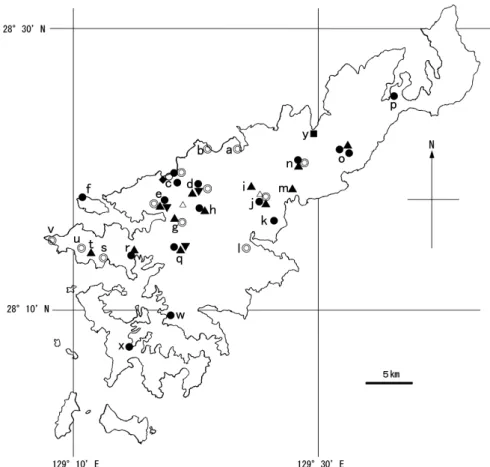 Fig. 5.  Locations of the study areas (a–y) on Amami-Oshima Island and the distributions of Rhinolophus cornutus orii (●), Miniopterus fuscus  (▲), Myotis macrodactylus (▼)，Pipistrellus abramus (■), Tadarida sp