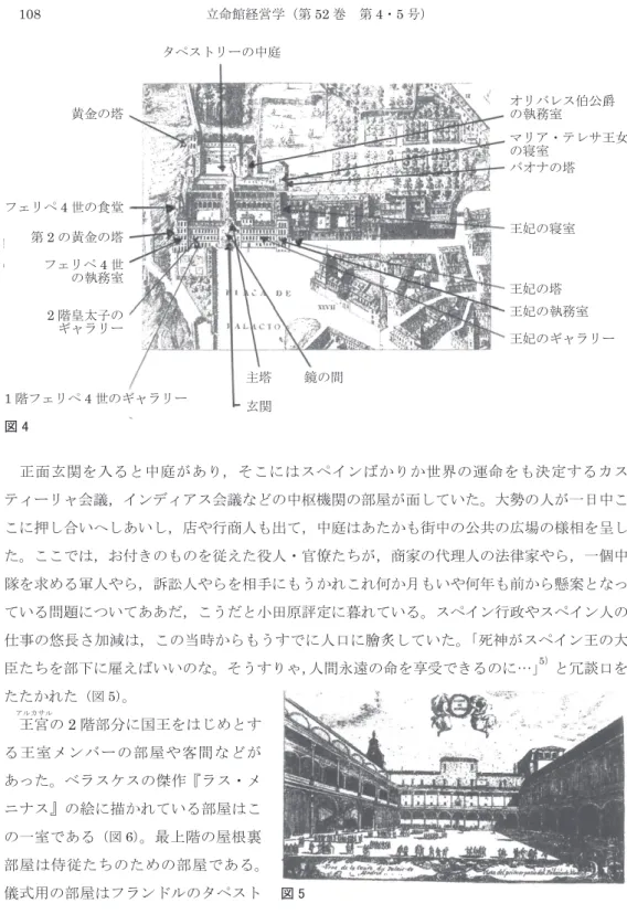 図 4 オリバレス伯公爵の執務室 マリア・テレサ王女の寝室バオナの塔王妃の寝室王妃の塔王妃の執務室王妃のギャラリー鏡の間主塔玄関タペストリーの中庭黄金の塔フェリペ4世の食堂フェリペ4世の執務室第2の黄金の塔2階皇太子のギャラリー1階フェリペ4世のギャラリー 図 5