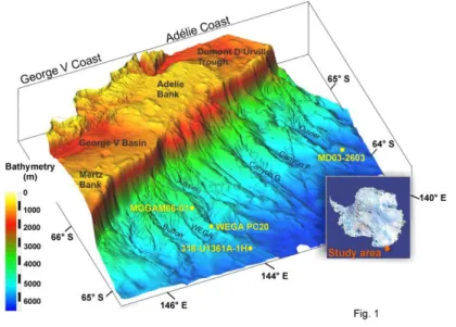 Figure 1. Antarctic margin (Wilkes Land) bathymetry map and location of the studied site from different marine campaigns: WEGA-PC20,  MOGAM06-01, CADO-MD03-2603 and IODP U1361