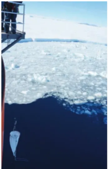 Fig. 5.    Plankton net survey in the sea-ice zone during JARE-53rd. Since  sea surface water was open, meaning that observations could be  performed without using “ice-fence”.