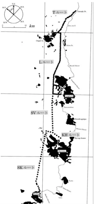 Fig. . Main routes on sea ice used by JARE- . Small dots indicate red-ﬂag positions.