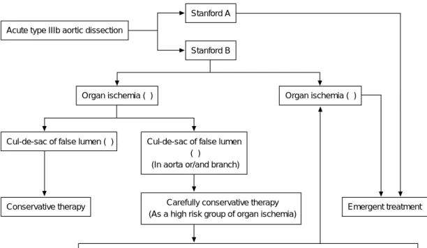 Fig. 1 Strategy for acute type IIIb aortic dissection at our hospital.