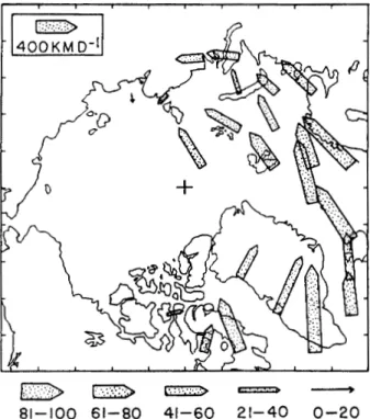 図 1 2 1 9 7 5 / 7 6 ‑ 1 9 8 8 / 8 9 年の冬の低気圧の平均移動ベクトル．矢印の長さがベクトルの大き さ，幅は移動方向の一致度合(%)