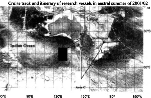 図 3 2 0 0 1 ‑ 2 0 0 2 年シーズンに予定されている東京大学海洋研究所「白鳳丸」（赤色）及び JARE‑43 での「専用観測船」（黄色）による南極海航海計画．