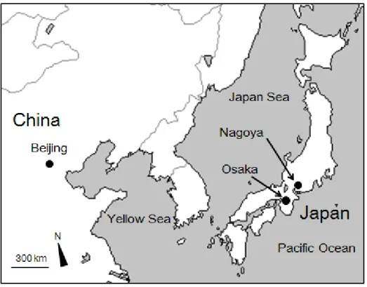 Fig. 3 Locations of Beijing, Osaka, and Nagoya.    