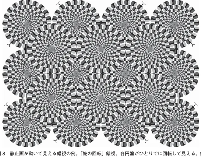 図 8   静止画が動いて見える錯視の例。「蛇の回転」錯視。各円盤がひとりでに回転して見える。錯 視的な動きの方向は、黒→濃い灰色→白→明るい灰色→黒の方向である。この錯視に限らない ことであるが、錯視には大きな個人差があることが多く、この錯視も見えない人が一定数存在 することがわかっているが、病気などとの関係は知られていないので心配は無用である。