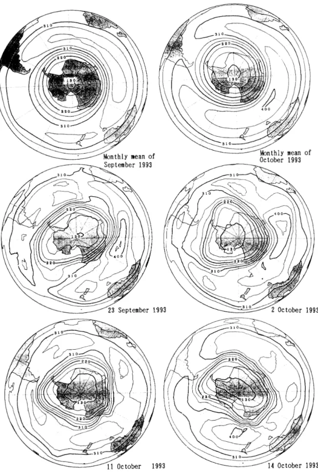図 1 3 TOMS による 1 9 9 3 年の南半球オゾン全量分布図（気象庁オゾン層解析室作成）
