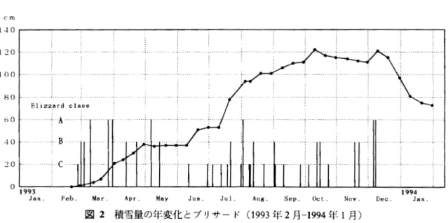 図 2 積雪量の年変化とブリサード ( 1 9 9 3 年 2 月 ー 1 9 9 4 年 1 月 ）