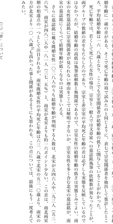 表 七 に あ る よ う に 宋 代 女 性 の 結 婚 年 齢 は ︑ 北 宋 女 性 が 一 八 . 一 歳 ︑ 南 宋 女 性 が 一 九 . 一 歳 で ︑ 北 宋 と 南 宋 と で は 結婚年齢に一歳の差がある︒そこで死亡年齢の項で試みたのと同じように︑表七で宗室関係者を抽出して集計したところ︑平均結婚年齢は一六.八歳となり︑ここでも宗室関係者が結婚年齢の低下に関与していることがわかった︒死亡年齢では︑若くして死亡した女性の場合︑宗室と一般人では文章家への墓誌銘執筆の依頼数が異なったことが ︑