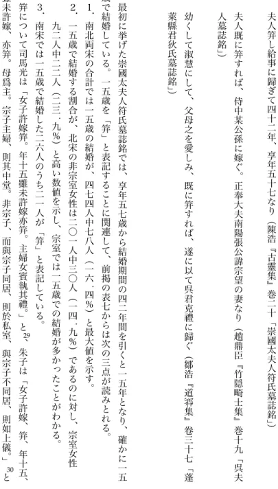 表 七 に あ る よ う に 宋 代 女 性 の 結 婚 年 齢 は ︑ 北 宋 女 性 が 一 八 . 一 歳 ︑ 南 宋 女 性 が 一 九 . 一 歳 で ︑ 北 宋 と 南 宋 と で は 結婚年齢に一歳の差がある︒そこで死亡年齢の項で試みたのと同じように︑表七で宗室関係者を抽出して集計したところ︑平均結婚年齢は一六.八歳となり︑ここでも宗室関係者が結婚年齢の低下に関与していることがわかった︒死亡年齢では︑若くして死亡した女性の場合︑宗室と一般人では文章家への墓誌銘執筆の依頼数が異なったことが ︑