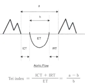 図 12　左室内にサンプリングボリュームを置いて（a） 、流入波形と流出波形の同時描出を行ってい る（b） 。これにより左室の myocardial performance index(MPI) が Tei index の式で算出される。 ICT：収縮期等容時間、IRT：拡張期等容時間、ET：心室駆出時間