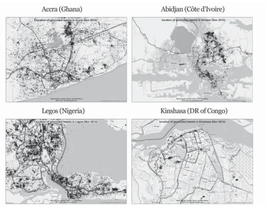 Figure 1 : Maps of density of Twitter users in African capital cities