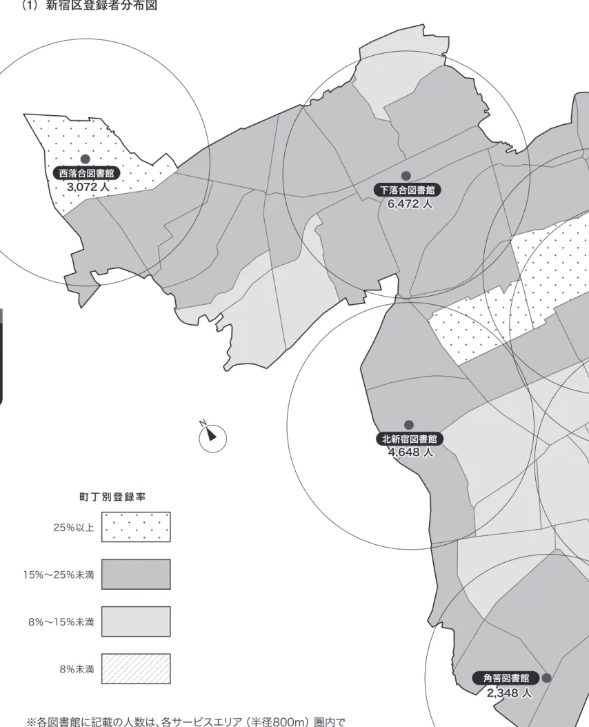 図 書 館 利 用 状 況 Ⅳ 西落合図書館3,072 人 下落合図書館6,472 人 町 丁 別 登 録 率 25 2,348 人 2,992 人 7,266 人％以上15％～25％未満8％～15％未満8％未満鶴巻図書館 中町図書館大久保図書館四谷図書館区役所内分室戸山図書館北新宿図書館角筈図書館9,853 人9,112 人6,730 人10,796 人 7,536 人中 央 図 書 館こども図書館4,648 人 ※各図書館に記載の人数は、各サービスエリア（半径800m） 圏内で 　1/2 以上の面積を占