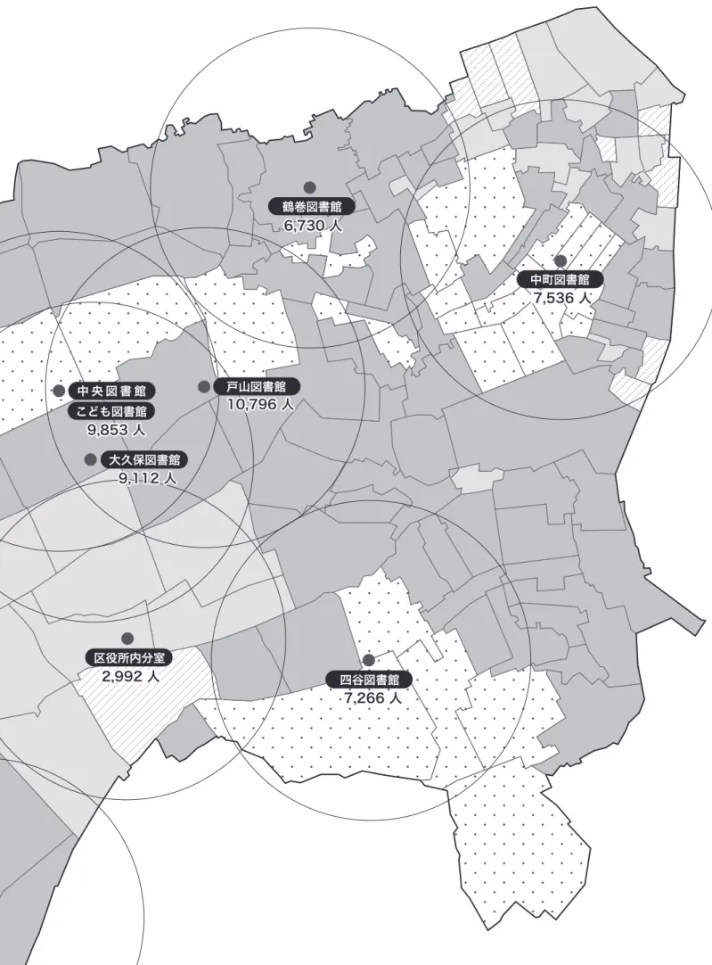 図 書 館 利 用 状 況 Ⅳ西落合図書館3,072 人下落合図書館6,472 人 町 丁 別 登 録 率 25 2,348 人 2,992 人 7,266 人％以上15％～25％未満8％～15％未満8％未満鶴巻図書館 中町図書館大久保図書館四谷図書館区役所内分室戸山図書館北新宿図書館角筈図書館9,853 人9,112 人6,730 人10,796 人 7,536 人中 央 図 書 館こども図書館4,648 人 ※各図書館に記載の人数は、各サービスエリア（半径800m） 圏内で 　1/2 以上の面積を占める