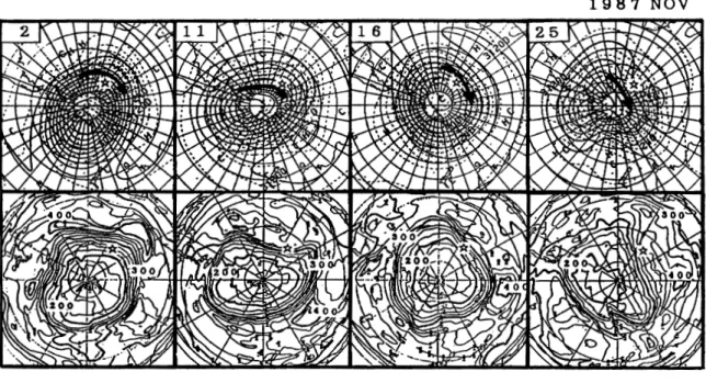 図 1 5 1 1 月の成層圏天気図 ( 1 0mb) とオゾン全砿分布図
