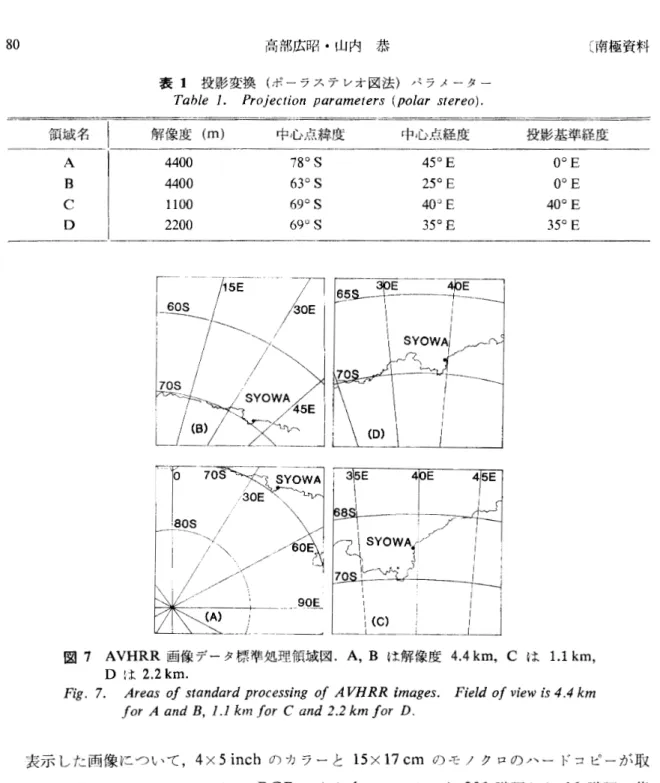 図 7 AVHRR 画像データ標準処理領域図. A, B は解像度 4.4km, C は 1 . 1km,  D ぱ 2.2km.