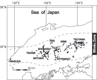 Fig.  2 . Maps showing location of the study area in Okayama Prefecture and sections for geological columns (1–29) in Fig- Fig-ure 6