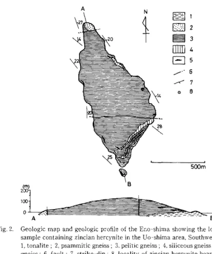 Fig.  2.  Geologic  map  and  geologic  profile  of  the  Eno-shima  showing  the  locality  of  sample  containing  zincian  hercynite  in  the  Uo-shima  area,  Southwest  Japan.