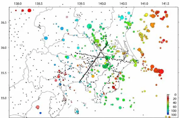 図 2  MeSO-net で観測した震源分布（2009 年 4 月∼2009 年 12 月,  Ｍ2 以上）。 