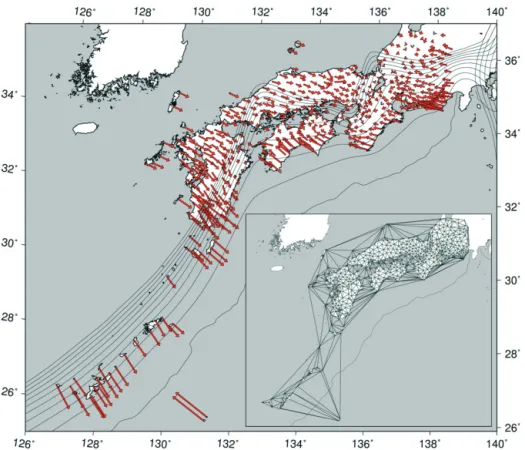 Fig. 1  Interseismic GPS velocity data in the southwestern part of Japan (Hashimoto, Sagiya &amp; Matsu'ura,  SSJ 2009 Fall Meeting)
