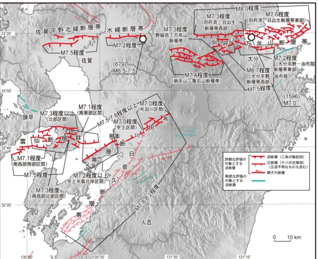 図 16    九州中部の活断層の特性と想定される地震の規模  九州北部及び南部の活断層は薄色で示す。