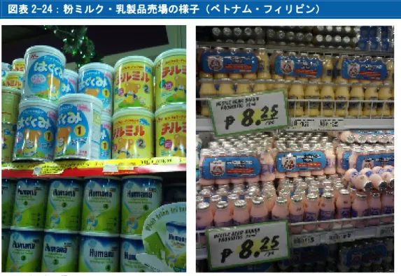 図表 図表図表 図表 222 2--- -242424 24：粉ミルク：粉ミルク：粉ミルク ：粉ミルク・・・ ・乳製品売場の様子 乳製品売場の様子（乳製品売場の様子乳製品売場の様子（（ （ベトナムベトナムベトナム ベトナム・フィリピン・フィリピン・フィリピン ・フィリピン）） ） ）   出所：大和総研撮影  (3) 缶詰等保存食品  企業別のシェアでは、Denis Freres SA 社（スイス）がマレーシア、シンガポール 市場でトップシェアであるが、占有率は 20％未満であり、絶対的優位にあるとは言い 