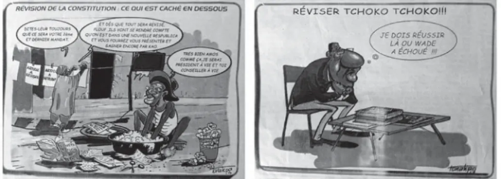 Figure 5: Satirical cartoons on the presidentʼs maneuvering constitutional changes Source:  （August 5-6, 2013, Benin）
