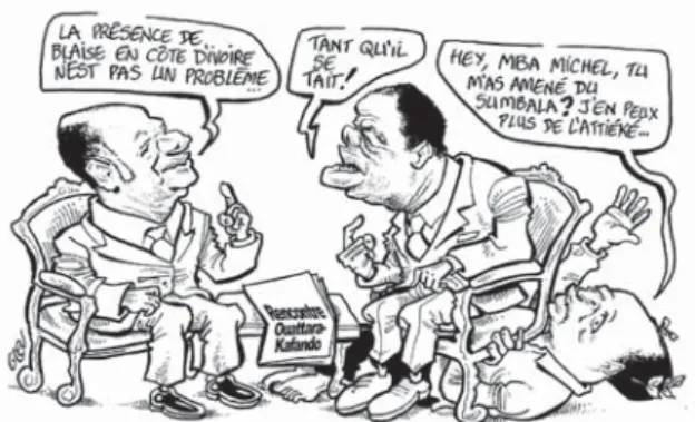 Figure 9: Satirical cartoon on the life of former President Compaore after the insurgency Source :  , No.1246（August 6-12, 2015） 34）