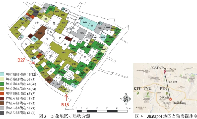 図 3   対象地区の建物分類                       図 4 Jhatapol 地区と強震観測点 9) ３．ゴルカ地震の観測地震動と被災度分析 (1) 対象地区近傍の強震観測点および観測地震動  対象地区はゴルカ地震の震源から約78km離れている。対象地区と強震観測点の位置関係を図4に示す。  対象地区から約4.3km離れた地点にアメリカ地質調査所（USGS）の強震観測点KATNPがあり、本震時の NS 、 EW 、 UD 方向それぞれの最大地動加速度は 162  、 155 、 18