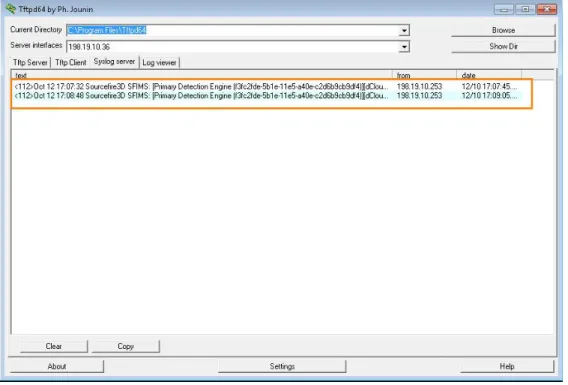 図 11.  検出された脅威が表示されている [Syslog サーバ（Syslog server）] 