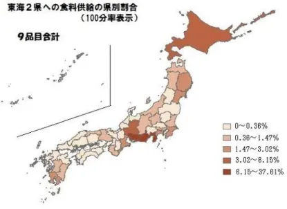 図 1 読み取 る ，北海道，青森，岩手，秋 田 い た食品生産県 食産県 の供給 東京に対 し 多い ，茨城，千葉，神奈川，埼玉，栃木，群 馬，新潟，長野 い た近郊県及び東京自身に対する依 存 同様に多い ある．後者 ，食産量の多さ さ る ，食材供給の中 地 し の出荷の多さ 統計数値に現 いる 考え る． 一方，図 「 典型的 地方県 ある熊本県への食材供 給の都道府県別比率 図示さ た地図 ある．宮崎，鹿 児島 いう隣接県に食材の多くを依存し いる くわ る図 ある．冒頭の序文 紹 した南阿蘇村役