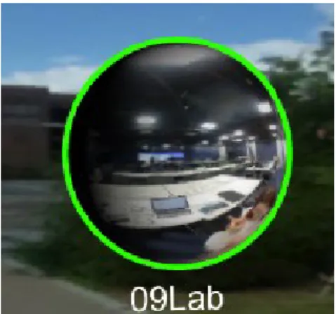 図 11. 選択時の表示（境界線のハイライト）  Ⅲ. 4．2 ストーリーテリング そして, 【各建物】の中に入ると,  それが研究機関などである場合は, 所属する研究者 がキャラクターとして登場し,  当該機関の活動紹介をおこなったり, ゲームの進行に関す る誘導をおこなう場合もある。例えば,  図 12 は,  アート・リサーチセンターという研究 機関において映画関連のデータベースを構築している竹田章作教授（立命館大学映像学部） がキャラクターとして登場し,  研究内容について説明するとともに, ゲーム