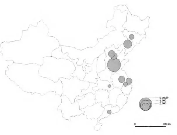 図  1-8  韓国企業の投資現状と分布(上位  10 位まで)  出所)  崔 (2010 年 )のデータをもとに筆者作成